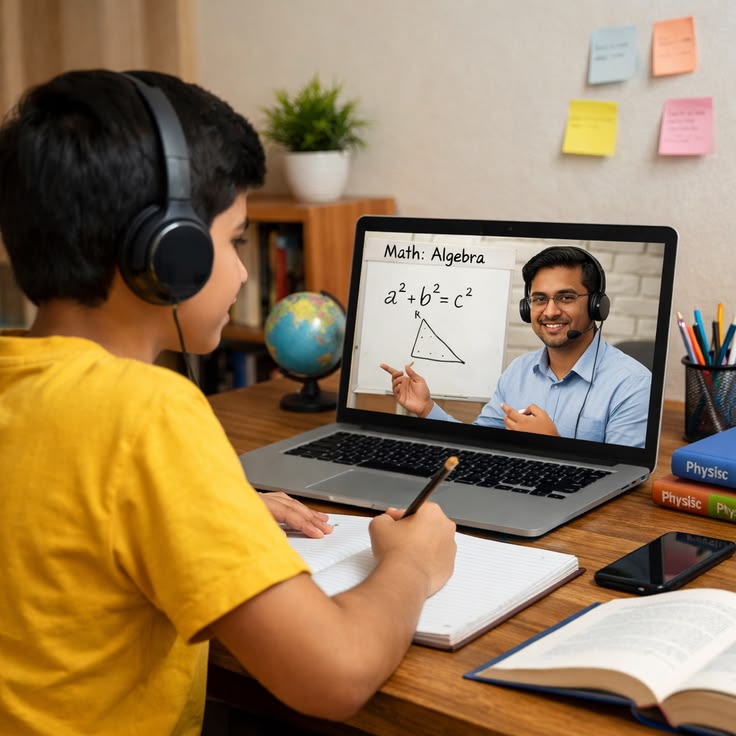 Tutor and student in a live online tutoring class on a laptop